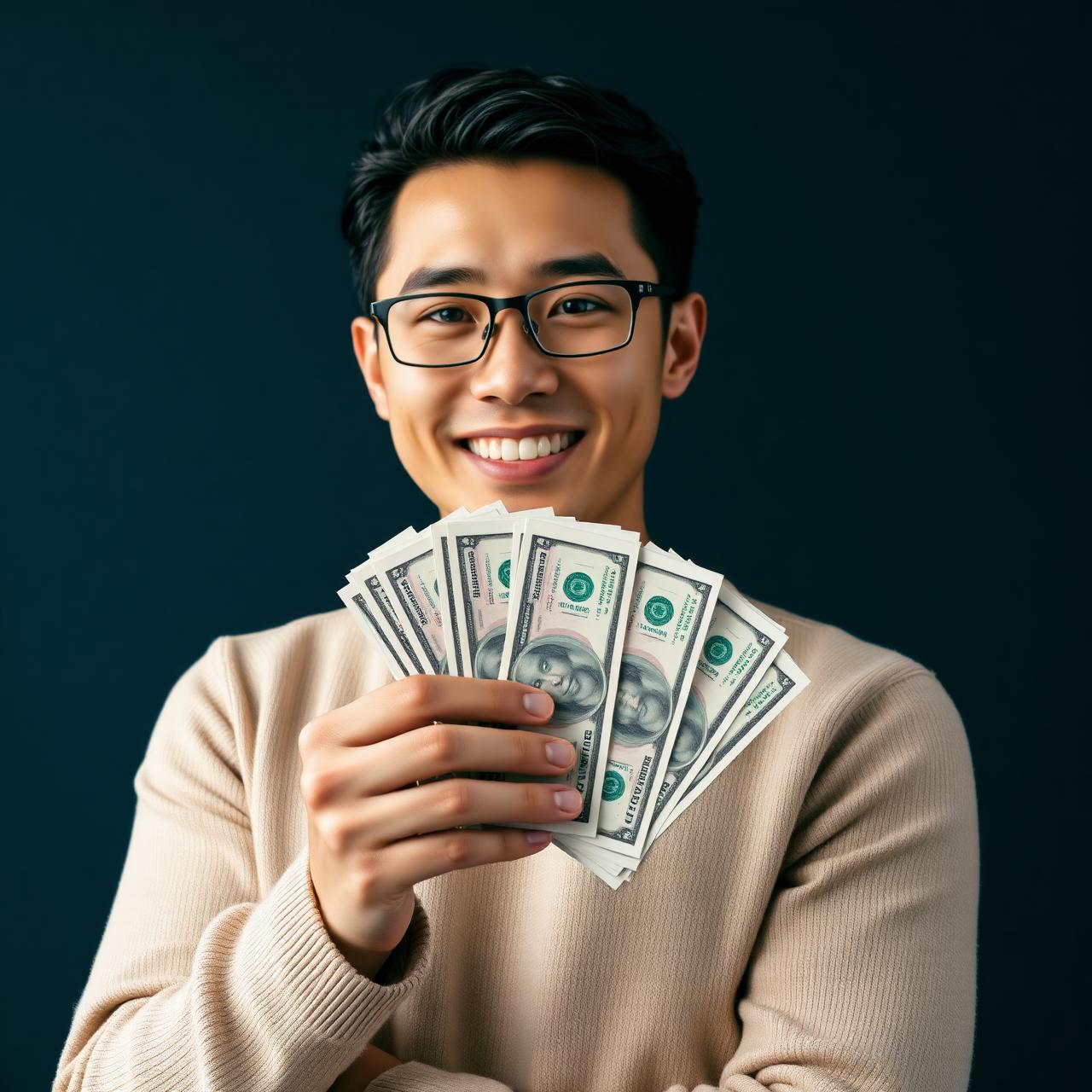Marketer holding a fan of US dollar bills earned from closing American B2B clients